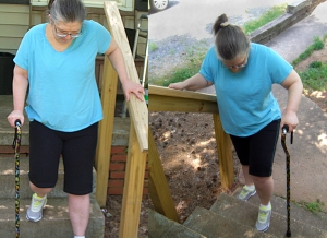 Wendy going up and down the steps for the 5th time, at 4 weeks after hip replacement surgery.